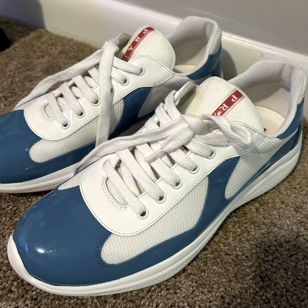 Prada Miami blue patent leather shoes.